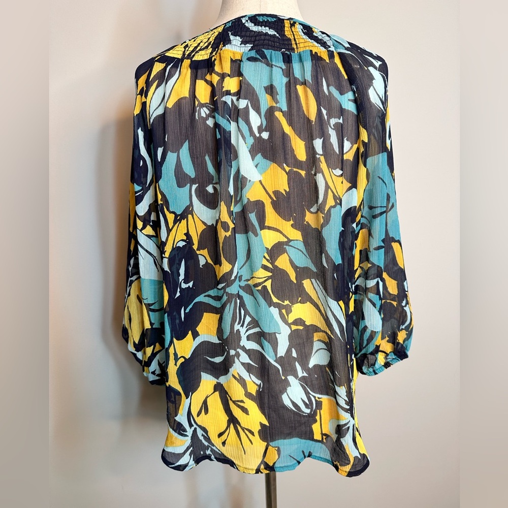 Sz Petite Large St John’s Bay long sleeve tie neck floral blouse teal yellow - Picture 2 of 6